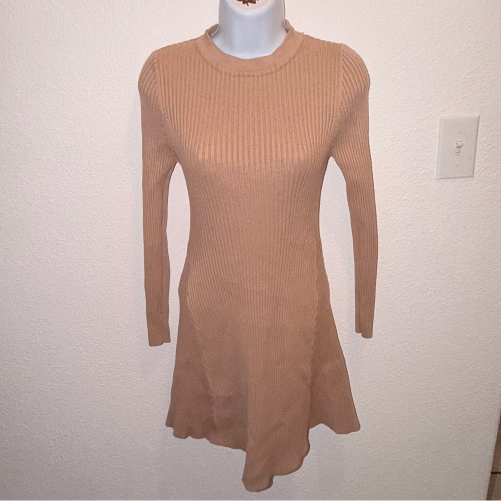 SHEIN Ribbed Long-Sleeve Knit Dress in Camel